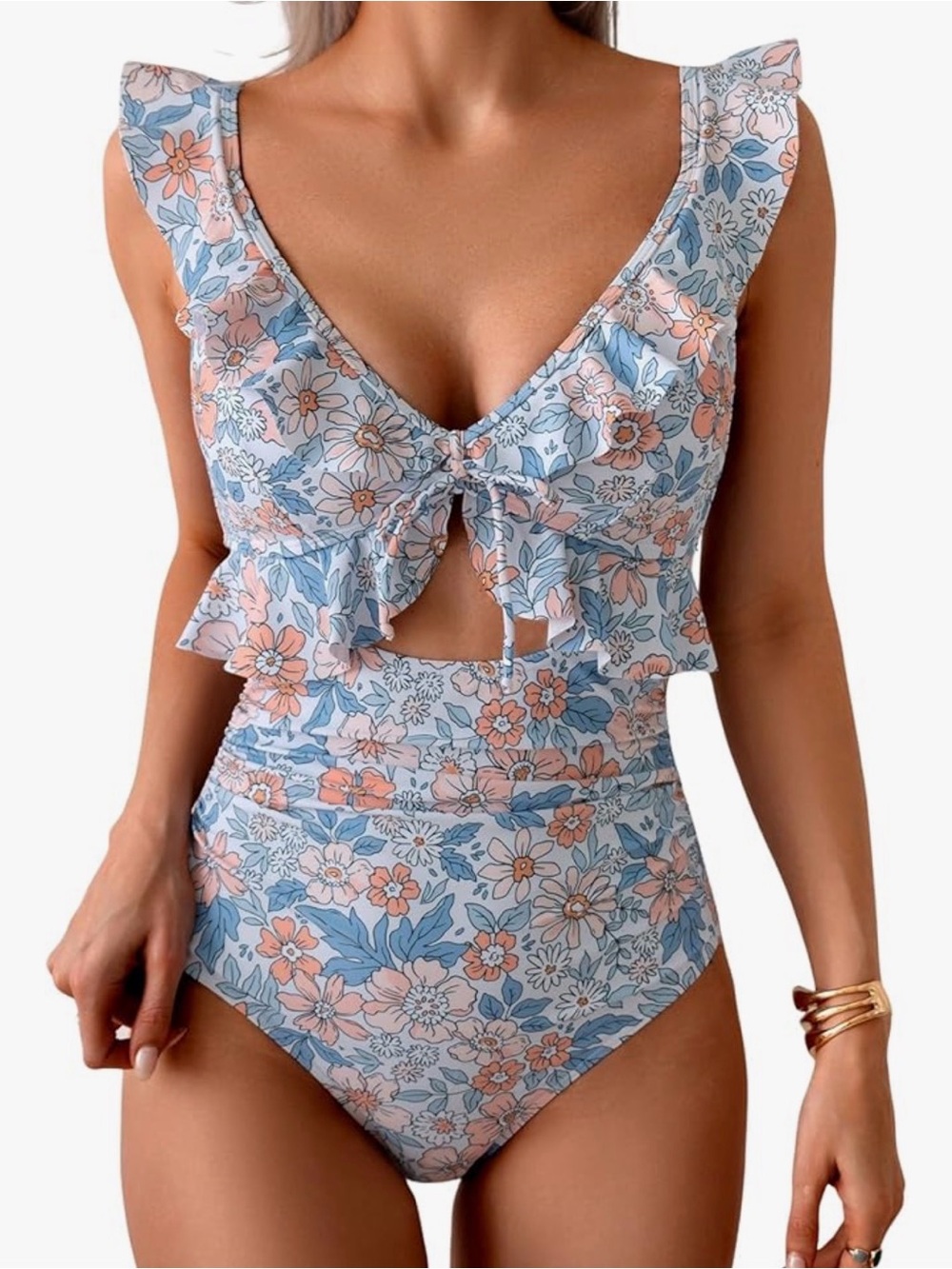 Floral Tie-Front One-Piece Swimsuit in Light Blue and Peach